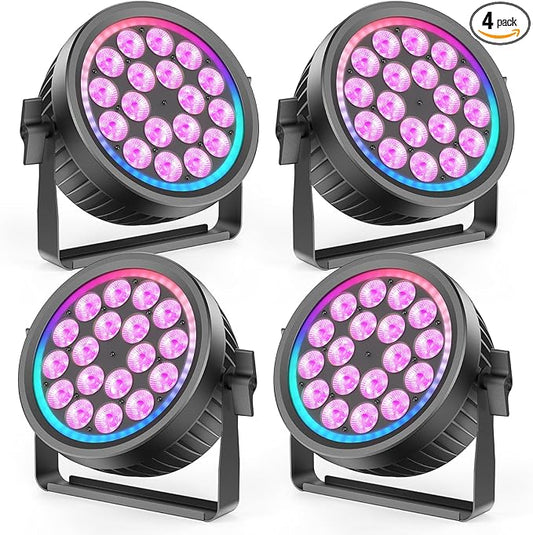 200W Aluminum Cast Fanless & Silent Stage Lights, 4 in 1 RGBW LED Par Lights with Dynamic Aperture, DMX512/Auto/Sound Activated Par Can Uplights for Events Wedding Bar Party Stage - 4Packs