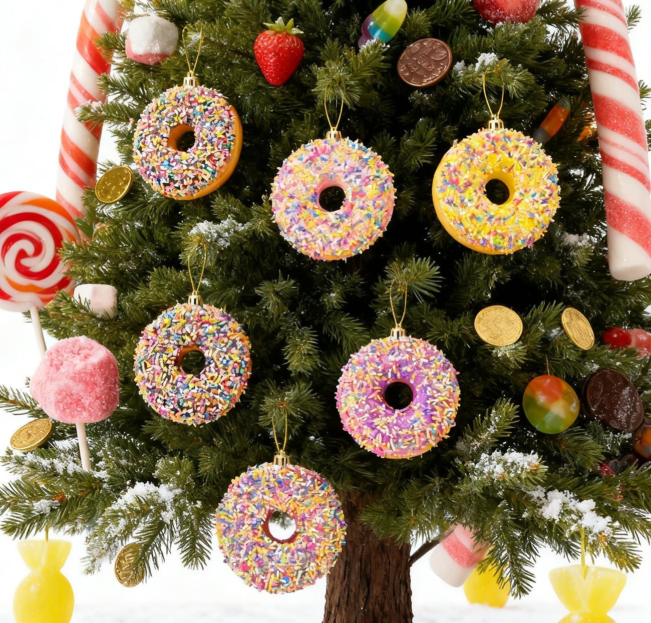 LANGXUN 6pcs Donut Candy Land 2025 Xmas Birthday Party Wedding Suppiles Decoration, Hanging Candy Cane Christmas Tree Décor, Christmas Decorative Hanging Ornaments Crafts