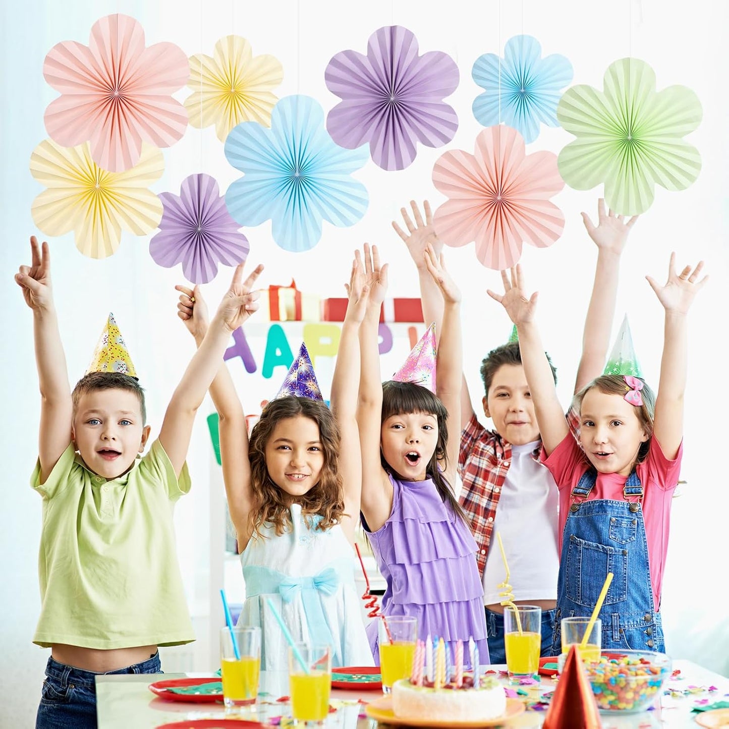 SUNBEAUTY 9 PCS Pastel Paper Flowers Decorations for Wall Paper Fans Classroom Decoration Paper Floral Backdrop Decor Paper Fans Decoration