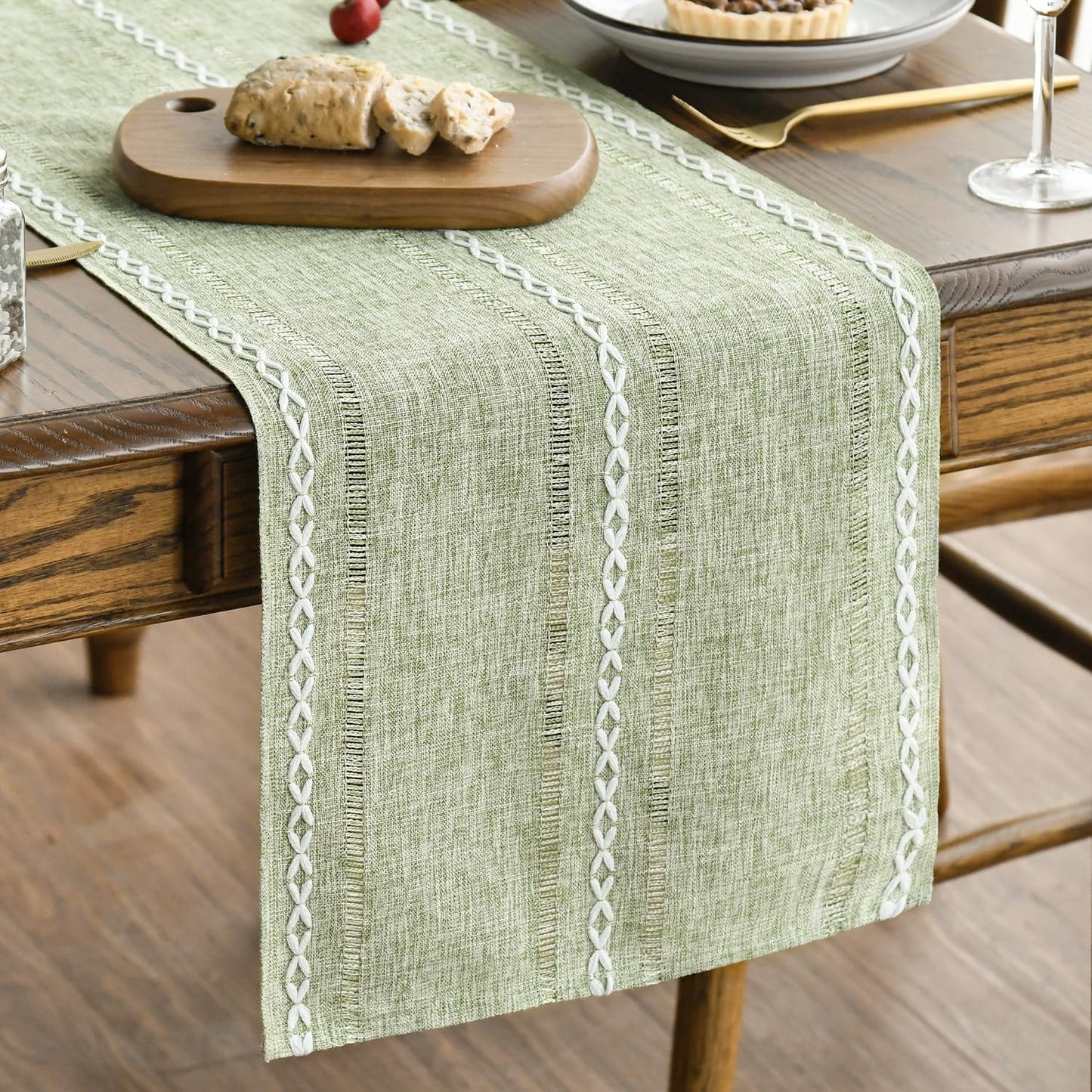 Artoid Mode Sage Green Rustic Cotton Linen Table Runner, Seasonal Embroidered Hollow Kitchen Dining Table Decoration for Home Party Decor 13x108 Inch