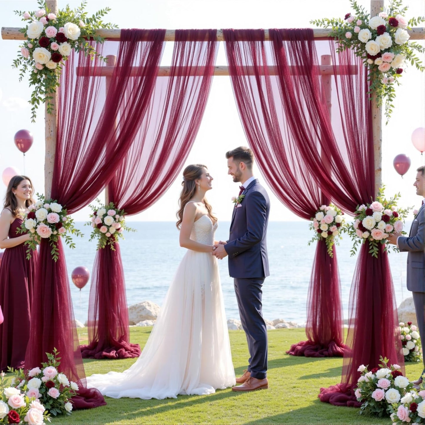 Wedding Arch Draping Fabric Backdrop 2 Panel 30" x 19Ft Burgundy Drapes Curtains for Wedding Reception Sheer Tulle Backdrop Curtain for Ceremony Birthday Party Baby Shower Arbor Ceiling Decorations