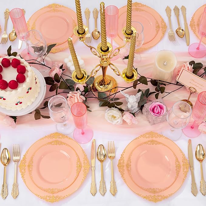 125PCS Peachy Pink Plastic Plates - Elegant Pink and Gold Dinnerware Set - Heavy Duty Disposable Plates with Gold Silverware Sets for 25 Guests for Wedding & Valentine's Day & Bridal Shower