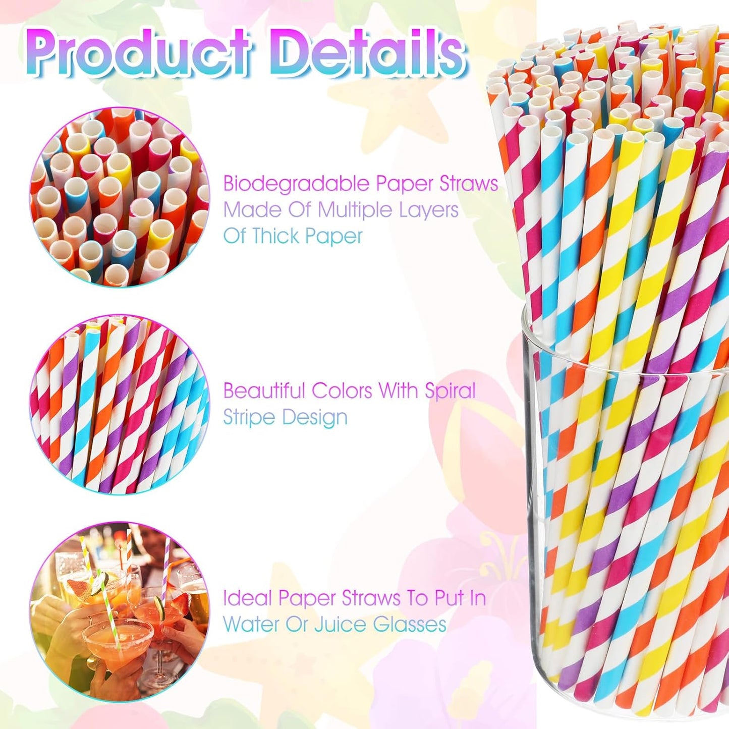 [1200 Pack] Striped Paper Drinking Straws，Sturdy & Non-Soggy，Food-Safe Ink, and Multi-Layered for Long-Lasting Use，Vibrant Assorted Colors for Summer Juice, Shakes, Cocktail,7.87 Inches