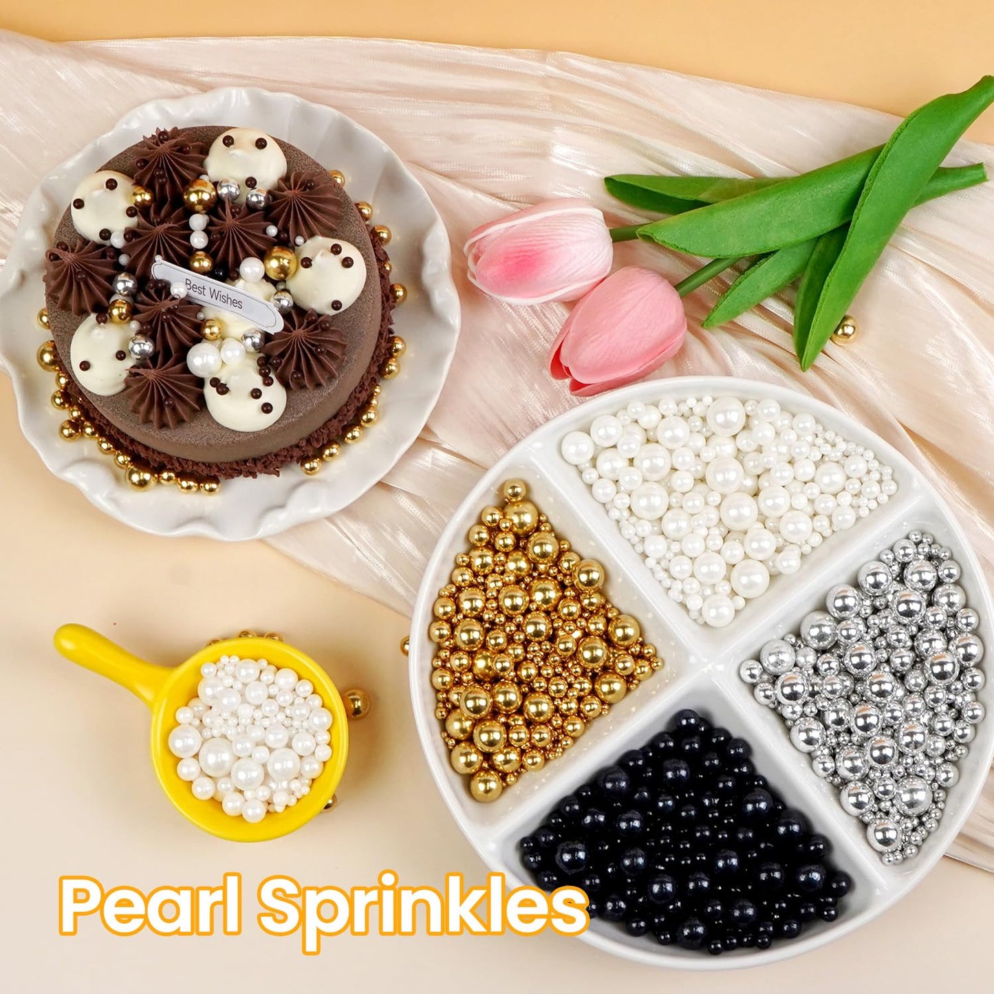 Edible Pearl Sugar Sprinkles for Cake Decorating, Mix 4 Colors Gold White Silver and Black Pearls Sprinkles for Cupcake, Cookie, Baking Cake Decorations, 160g/5.64oz, Holiday, Wedding Party Supplies