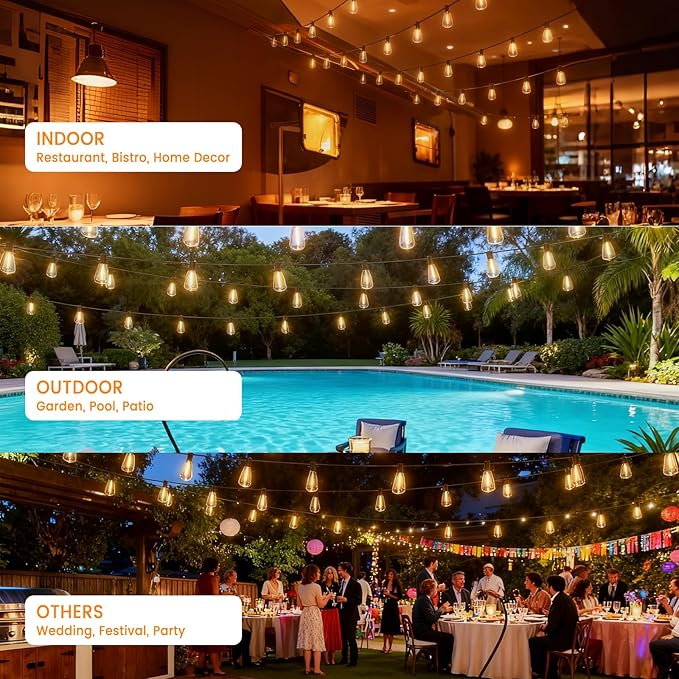 Outdoor String Lights 300ft Waterproof Shatterproof Patio String Lights for Outside with 159 Vintage ST38 LED Bulbs(9 Spare), Dimmable Hanging Lights for Backyard Porch Balcony Party Decor, Warm White