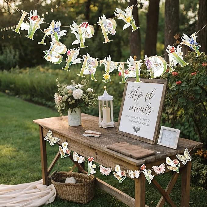 Sunbeauty Wildflower Butterfly Happy Birthday Banner | Garden Party Decoration | Floral Birthday Decorations | Pre-Strung