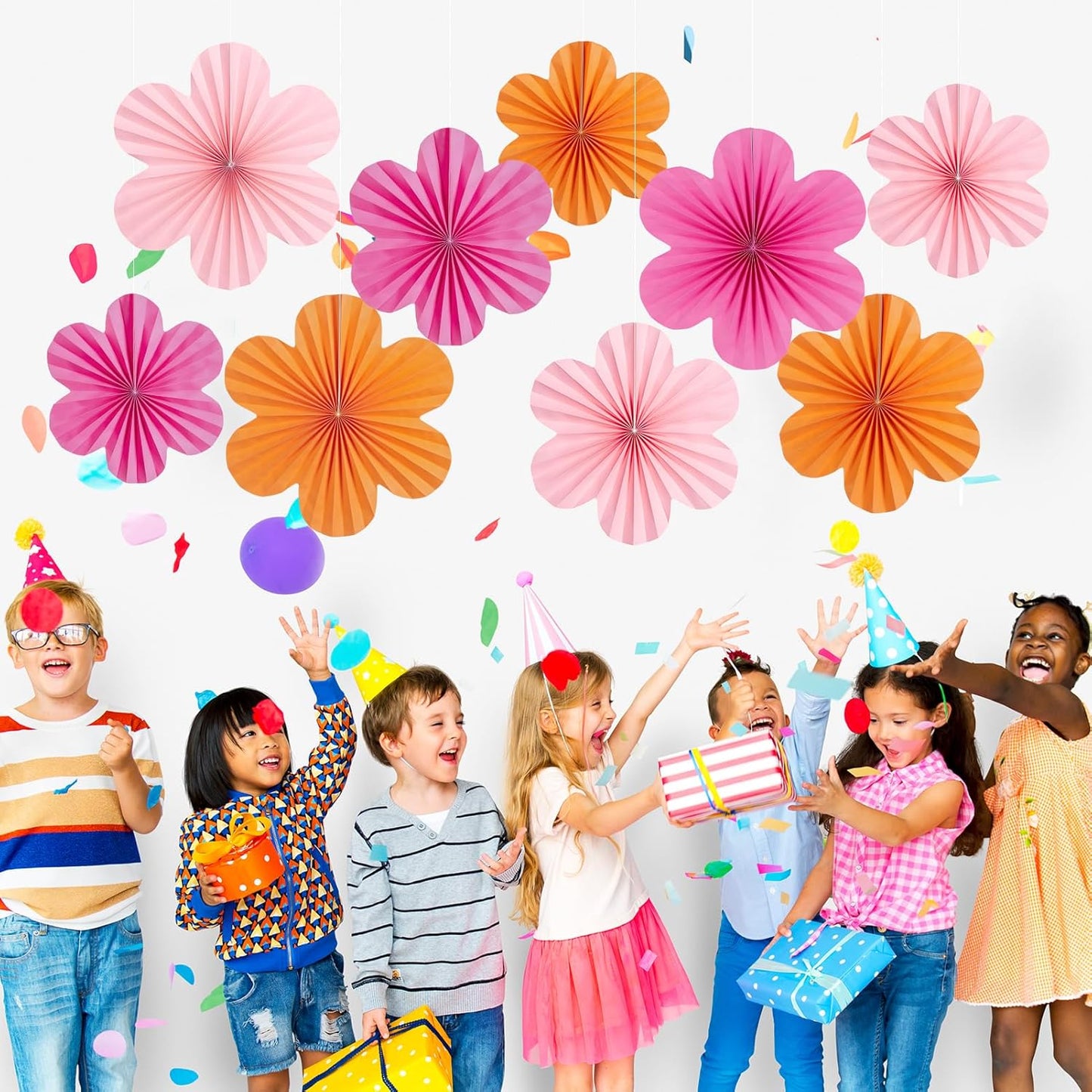 SUNBEAUTY 9 PCS Pink and Orange Party Decorations Pink Party Decorations Paper Fans Party Decorations Sunset Party Decorations Flower Party Decorations Paper Flowers Decorations for Wall