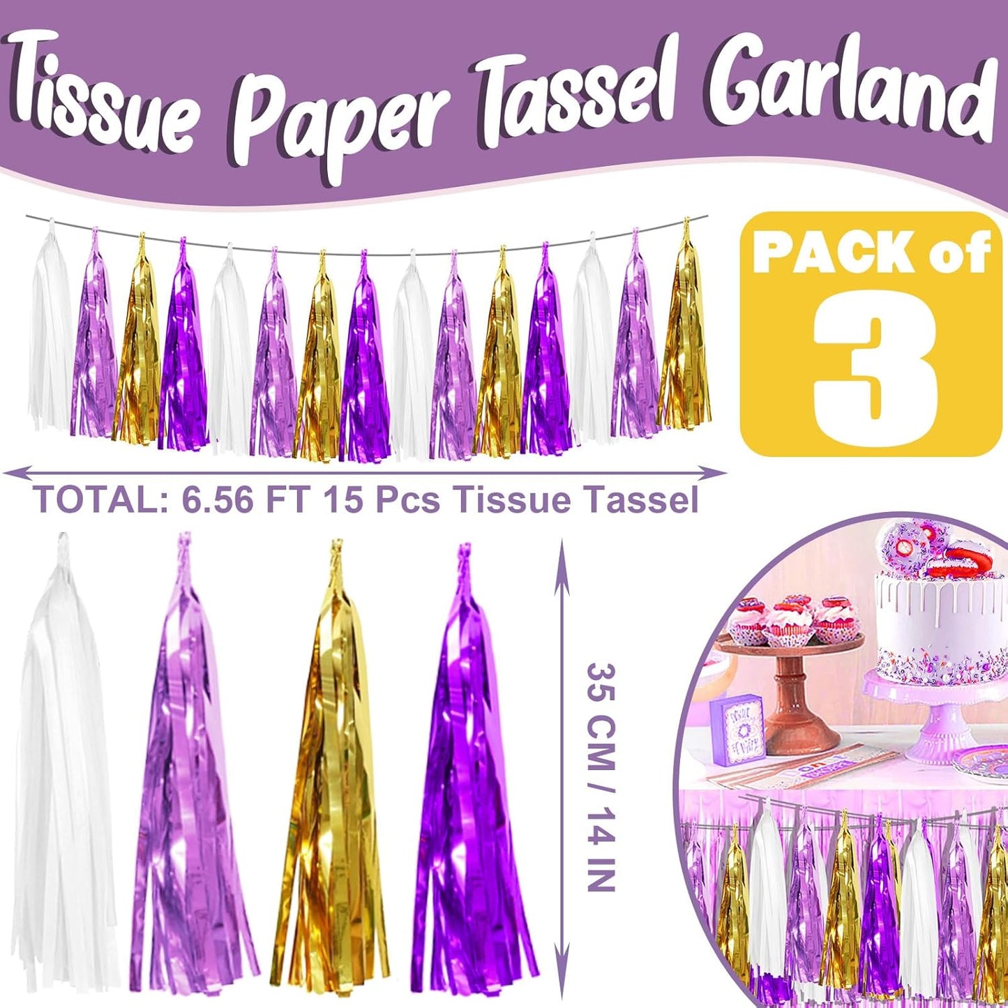 3P Purple-Gold Party Decoration Tassel Garland, Tassels Banner Streamers for Parade Floats, Bachelorette, Wedding, Birthday, Halloween, Christmas, Bridal/Baby Shower Party Decorations