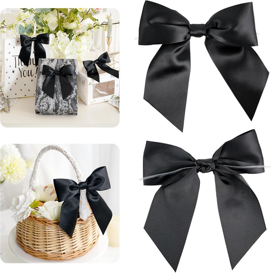 AIMUDI Black Satin Bows 5.5" Bows for Gift Wrapping Satin Twist Tie Bow Premade Ribbon Bow for Treat Bags Invitations Baskets Wreaths Crafts Wedding Birthday Party Baby Shower Decorations, 24 PCs