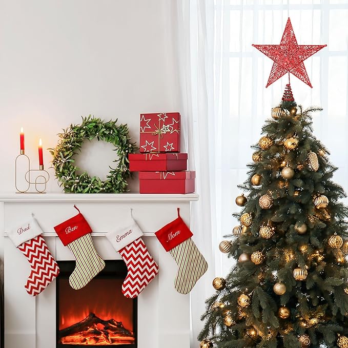 Fovths Christmas Tree Topper 8 Inches Metal Glittered Christmas Tree Topper Wire Star Treetop Sparkle Xmas Decoration for Christmas Tree Ornament Indoor New Year Holiday Party Supplies (Red)