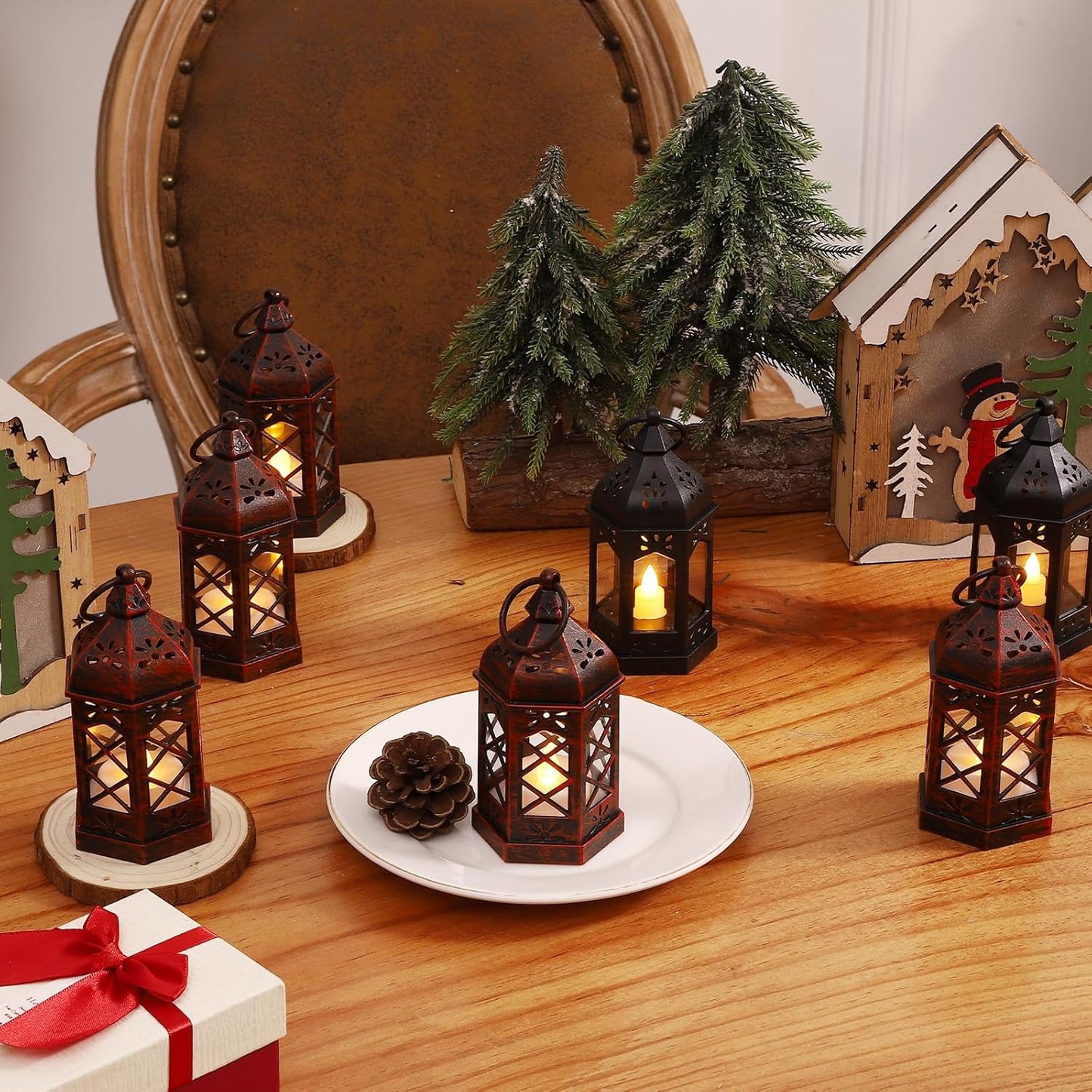 LLQ 12PCS Brushed Red Mini Lantern with LED Tealight for Halloween Decorations, Small Moroccan Lanterns for Wedding Decor, Vintage Christmas Lights for Table Centerpiece, Hanging Ornaments Bulk