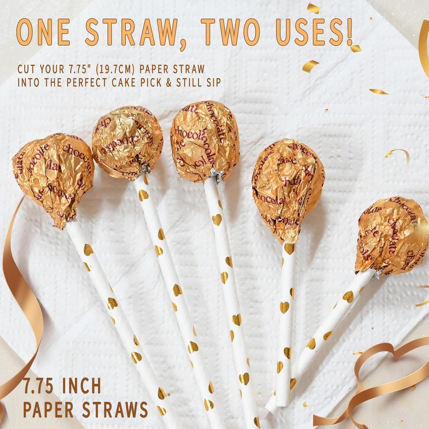 Gold Paper Straws - Biodegradable Disposable Drinking Straws for Party, Birthday, Wedding, Celebrations, Gold Foil Heart, 7.75 Inch 100 Bulk Straws