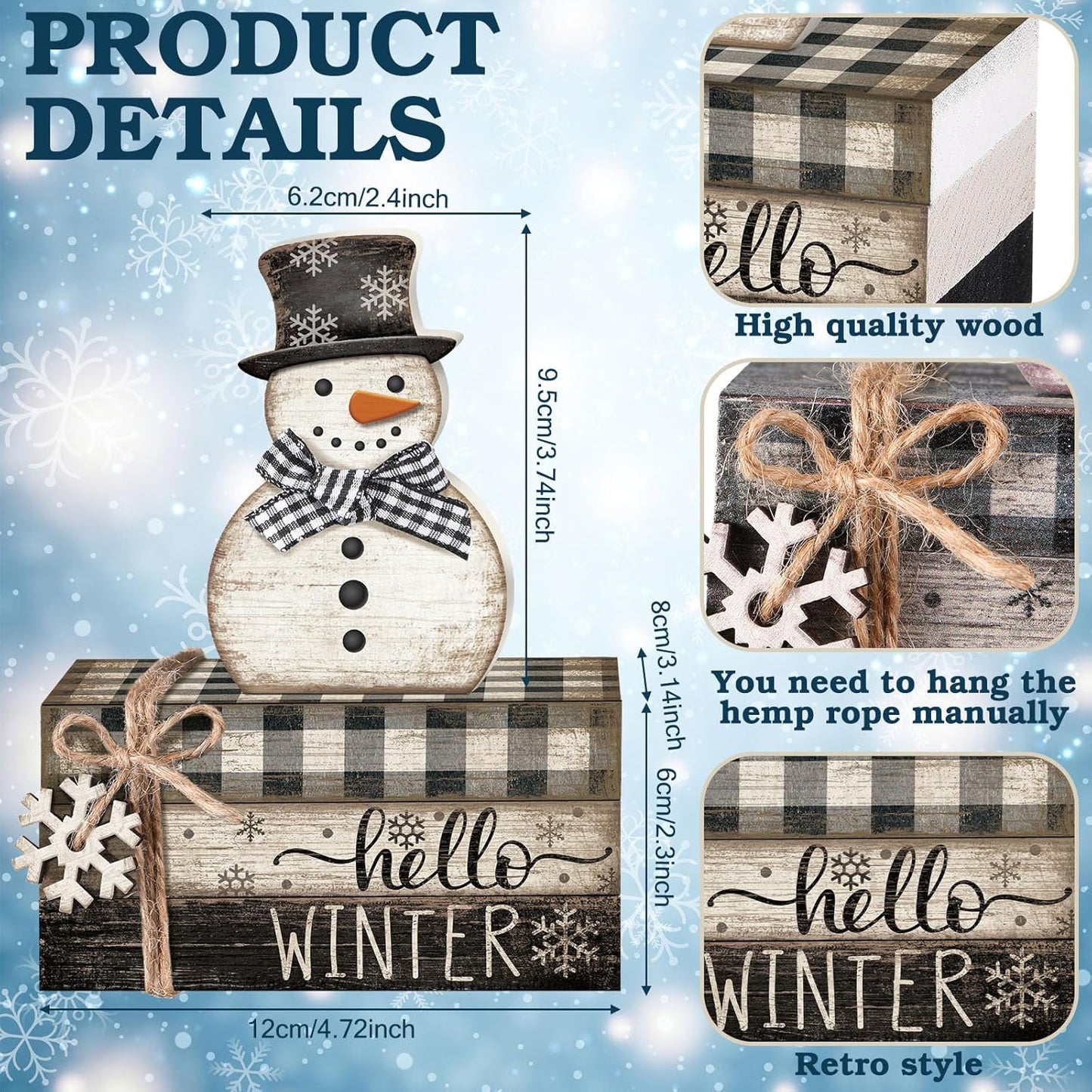 4 Pcs Snowman Christmas Decor Winter Table Decorations Christmas Tiered Tray Decor Winter Centerpiece Indoor Rustic Wooden Snowman Block Sign Gift Farmhouse for Home Kitchen Shelf