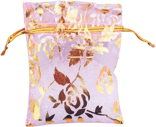 QIANHAILIZZ 100 Pack 2.8 x 3.5 Inch Flower Heart Organza Jewelry Gift Pouch Candy Pouch Drawstring Wedding Favor Bags B511S (pink gold flower)