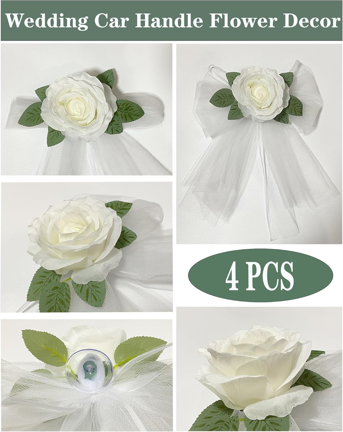 Elegant White Rose Wedding Car Door Handle Decoration – 12cm Artificial Flower with Leaf, White Tulle Bow & Suction Cup Attachment – Set of 4 for Bridal Vehicle Décor