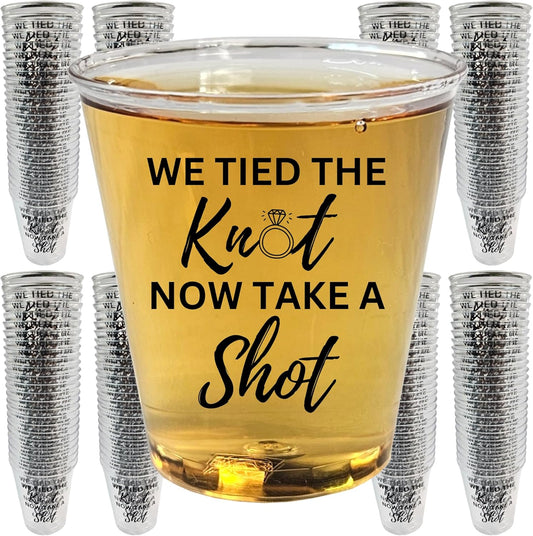 Disposable Plastic Wedding Shot Glasses, 200 Pack, 'We Tied the Knot Now Take a Shot' with Ring Design, Perfect for Weddings, Bridal Showers, Engagement Parties