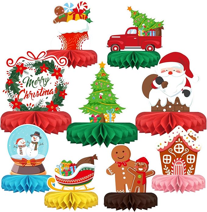 Merry Christmas Party Decorations Bundle - Includes Festive Christmas Honeycomb Centerpieces ，Santa Claus Snowman Table Toppers, Perfect for Classroom Decor, Christmas & Winter Birthday Party Supplies
