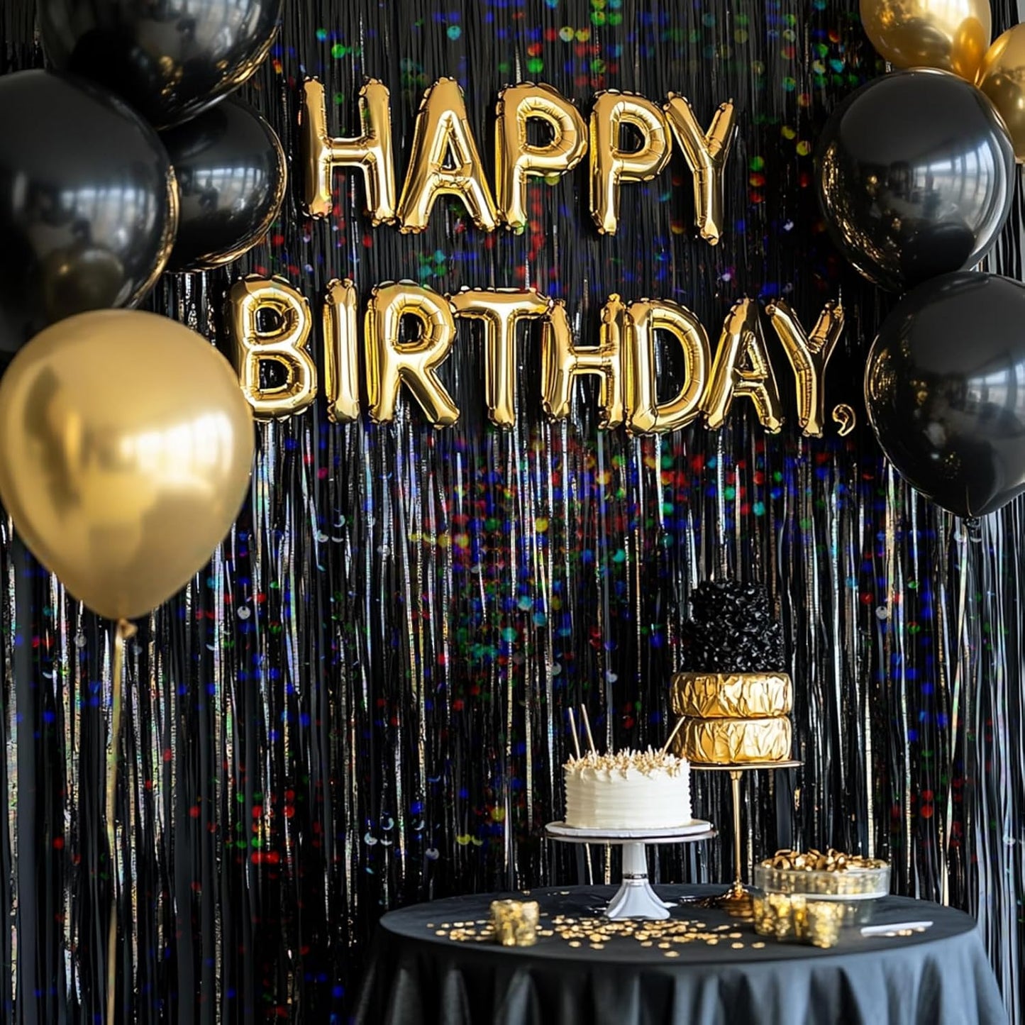 4 Packs Black Foil Fringe Curtain, Glitter Metallic Tinsel Backdrop for Birthday, Wedding, Bridal Shower, Halloween, Gold and Black Party Decorations Supplies