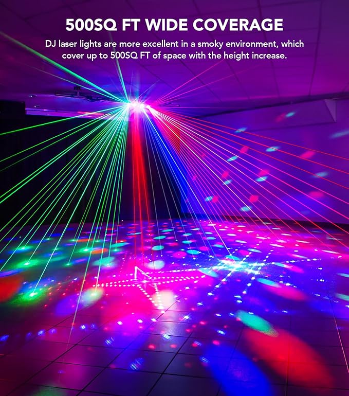 DJ Lights for Parties, Pro 6 in 1 DMX & Sound Activated Laser Light Show Machine with Disco Ball Light, RGBW & UV Strobe Party Lights Indoor for Rave Club Dance Bar Gig DJ Lighting