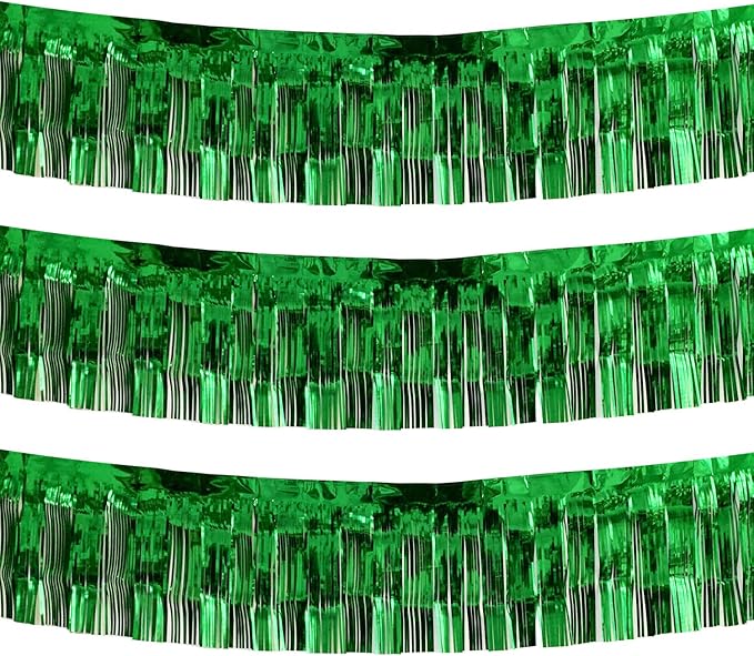 Thick 10 feet by 15 inches Green Foil Fringe Garland - Pack of 3 | Shiny Metallic Tassle Banner for Car Parade Floats, Wedding, Birthday | Wall Hanging Fringe Garland Banner (Green)