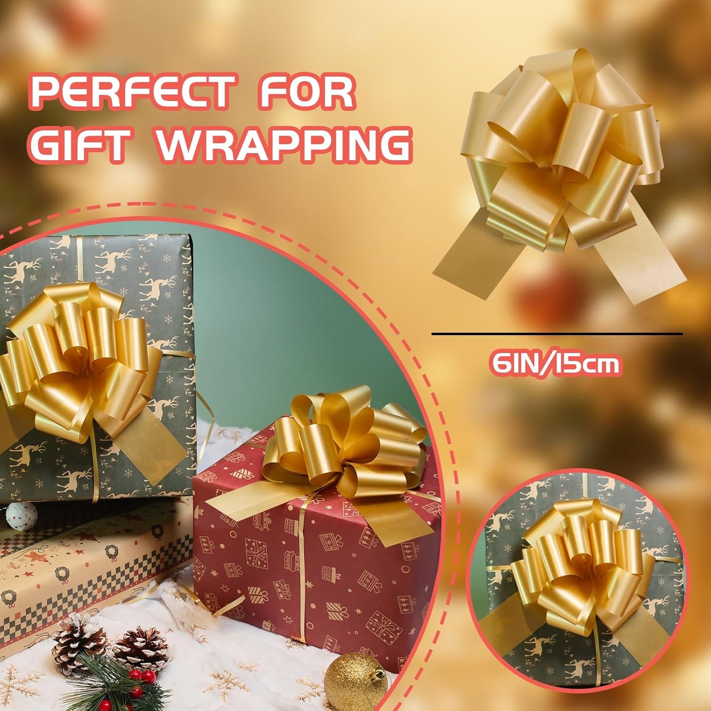6 Pcs 6 Inch Golden Pull Bows, Perfect for Gift Wrapping, Gift Wrapping Baskets Wedding Christmas Party Decorations, Crafts – Quality Pull Bows for Gifts and Decorations