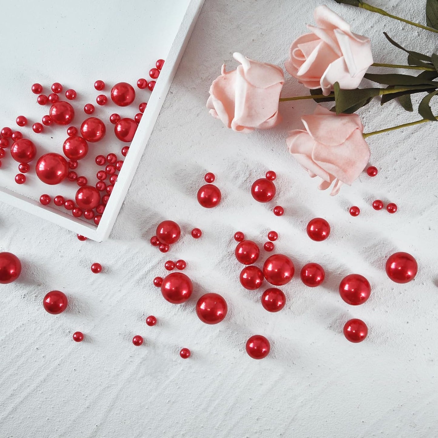 520Pcs Red Glossy Beads for Centerpiece Decor, Artifical Pearls Vase Filler, No Hole Round Pearl Beads for Wedding Birthday Christmas Party Home Decor(18mm 14mm 6mm)