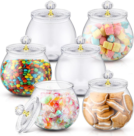 Nuogo 6 Pcs Plastic Candy and Cookie Jar with Lids Decorative Apothecary Jars Candy Buffet Containers Clear Airtight Food Storage Canister Home Decoration(30 oz,Stylish)
