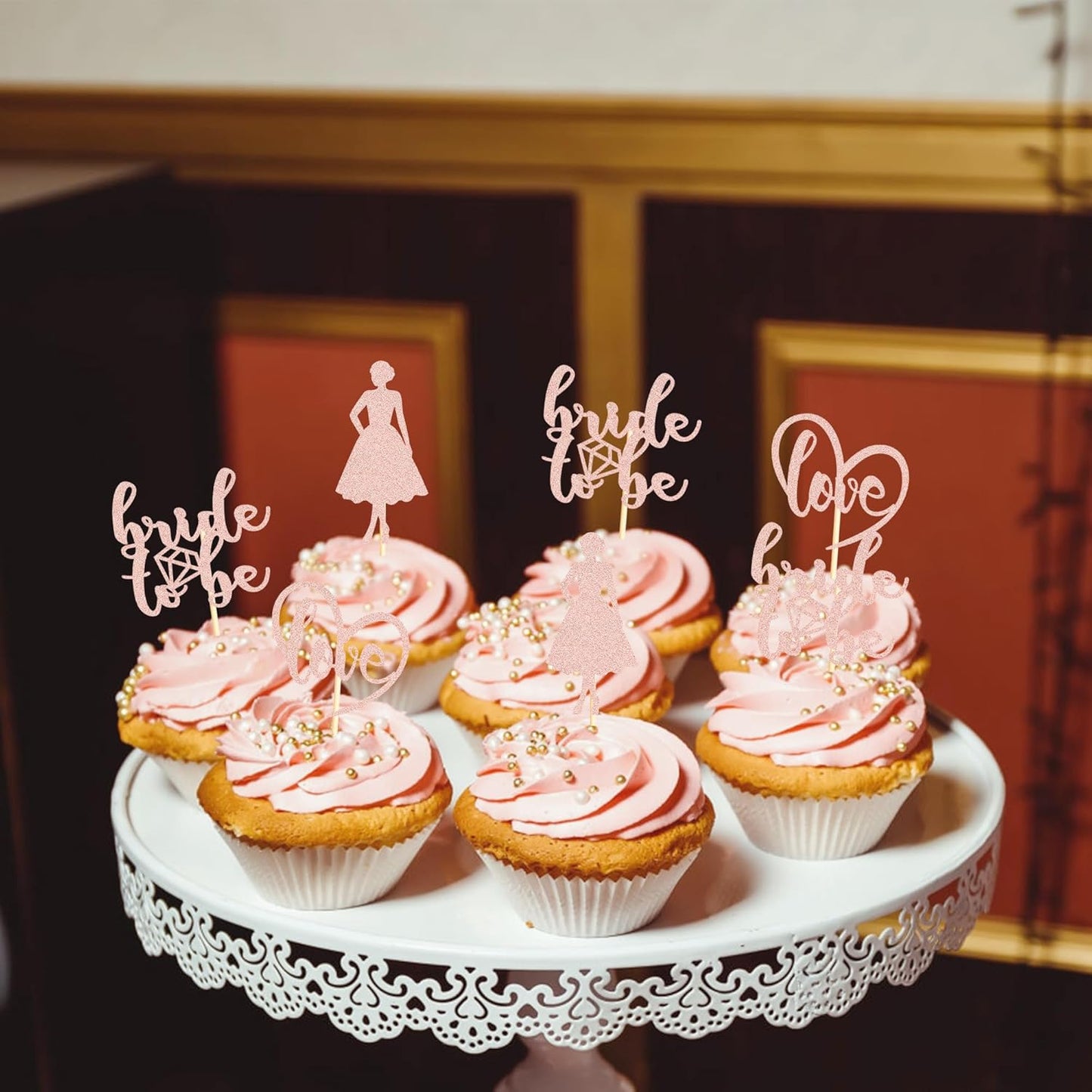 Sotpot 24PCS Bride to Be Cupcake Toppers with Heart Rose Gold Glitter Dress Bridal Shower Cupcake Picks for Wedding Bridal Shower Wedding Engagement Party Cake Decorations