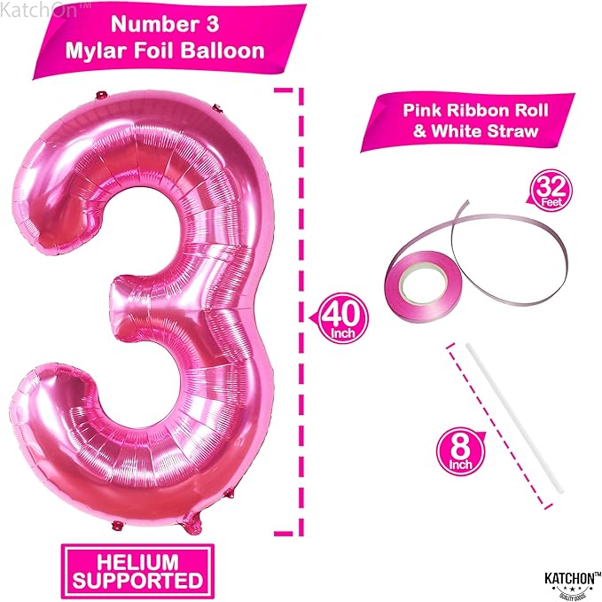 KatchOn, Giant Hot Pink Number 3 Balloon - 40 Inch | Number 3 Foil Balloon | 3rd Pink Birthday Decorations for Girls | 3rd Anniversary Decorations | Pink Party Decorations