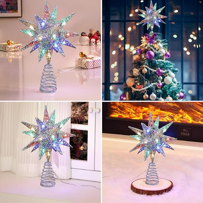 Lewondr Christmas Tree Topper, Plug in 3D Starburst Xmas Lighted Star Tree Topper, Remote Control & Timer Light Up Vintage Moravian Tree Topper for Christmas Decoraiton, Colorful Light, Silver