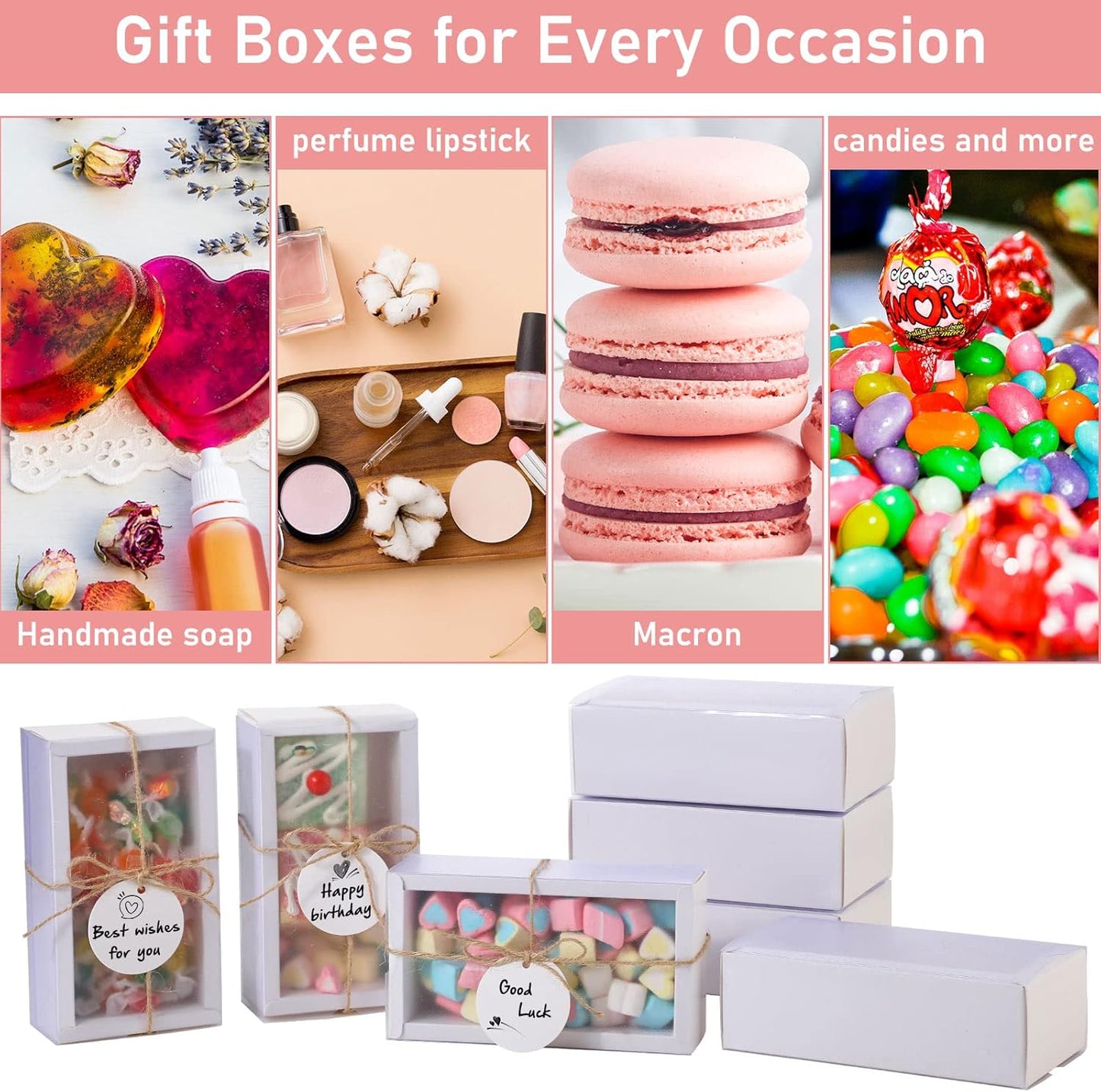 Roowest 50 Sets Kraft Soap Boxes Rectangle Packaging Box with Window Homemade Gift Box with Blank Tags and Jute String for Jewelry Candy Wrapping Party Favor(6.3 x 3.5 x 2 Inch,White)