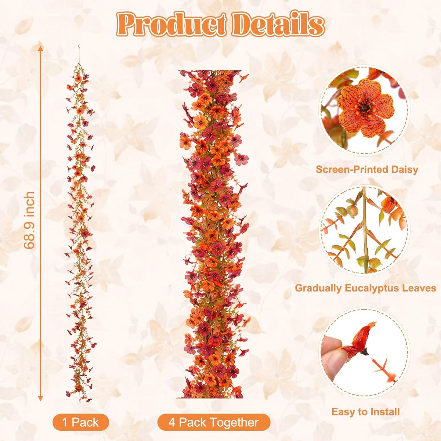 Fall Mums Flowers Artificial Garland for Decoration, 4 Pack 5.9 FT Faux Mums with Eucalyptus Leaves Ivy, UV Resistant Fake Fall Daisy Floral Vine Flowers for Home Garden Wedding Backdrop Decor