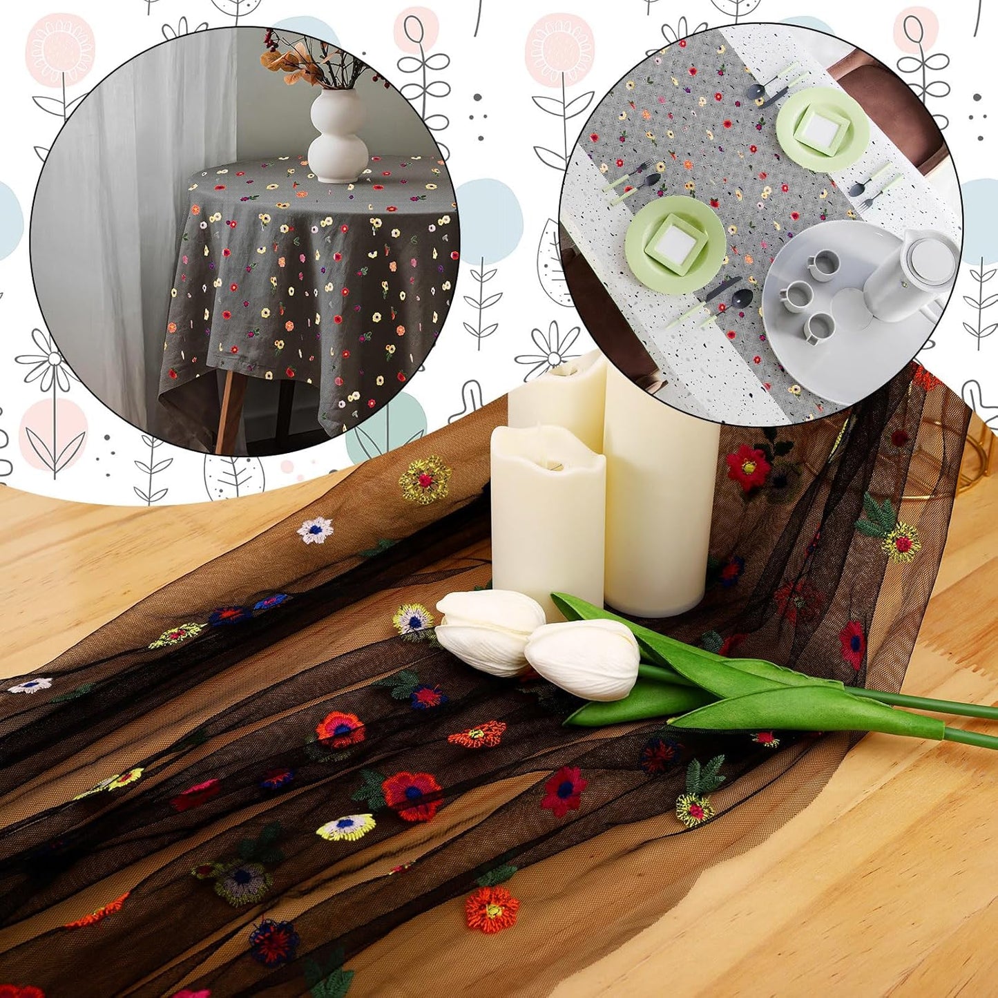 BINBE 3pcs Black Daisy Fall Table Runner Embroidery Gauze 10FT Florals Seasonal Tulle Holiday Birthday Kitchen Dining Table Decor for Home Party
