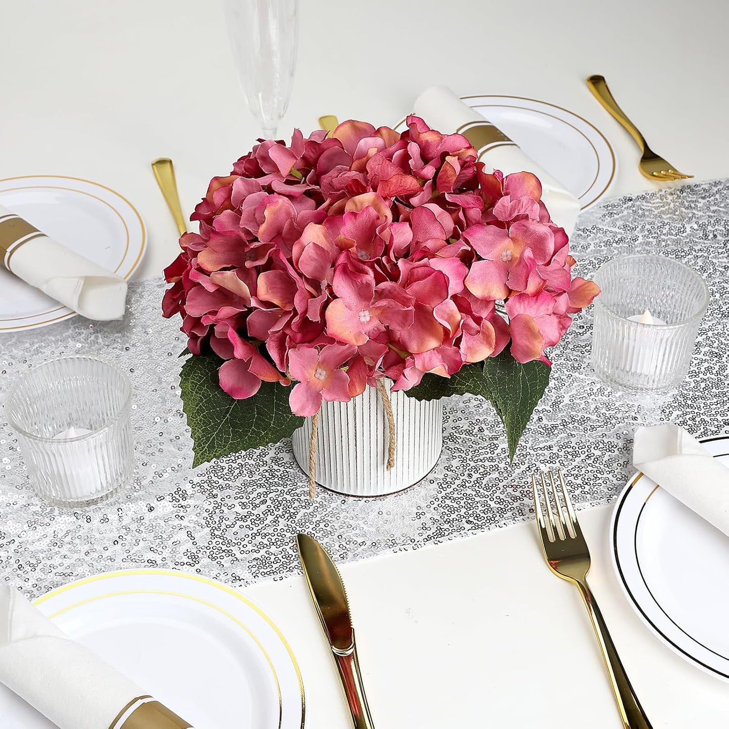 Flower Table Centerpieces - Set of 6 Floral Arrangement Artificial Wedding Hydrangeas Floral Arrangement with Rustic Metal Vase for Bridal Tea Party Event Decorations - Dusty Pink