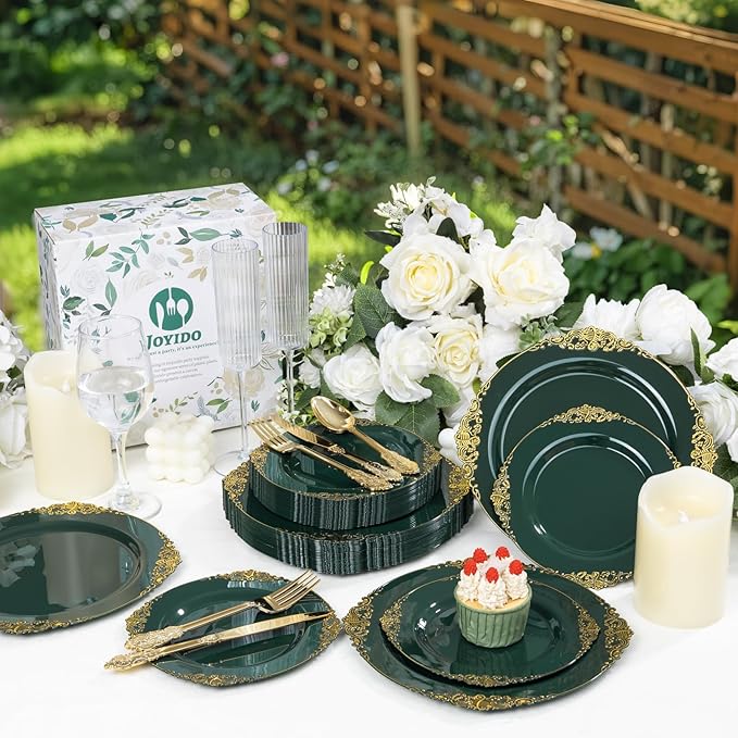 125PCS Green and Gold Plastic Plates - Fancy Green Disposable Plates - Vintage Plate with Gold Plastic Silverware Set for 25 Guests for Party Wedding Holiday