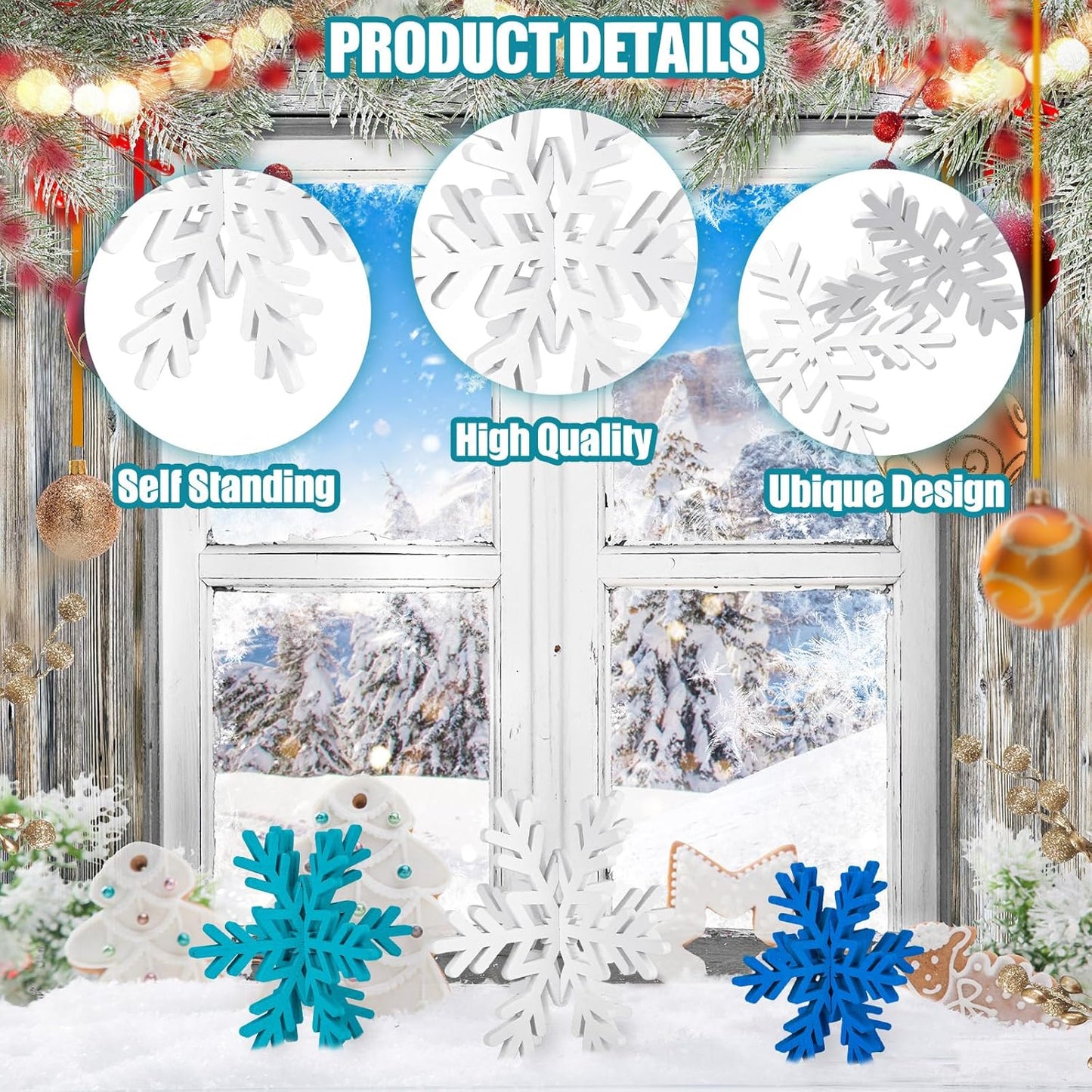 Qunclay 20 Pcs Wooden Snowflake Decorations 3D Snowflake Tabletop Decor Christmas Signs and Centerpiece for Winter Wonderland Decorations Xmas Tiered Tray Decor(Dark Blue, Light Blue, White)