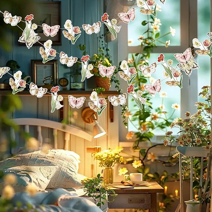 Sunbeauty Wildflower Butterfly Happy Birthday Banner | Garden Party Decoration | Floral Birthday Decorations | Pre-Strung