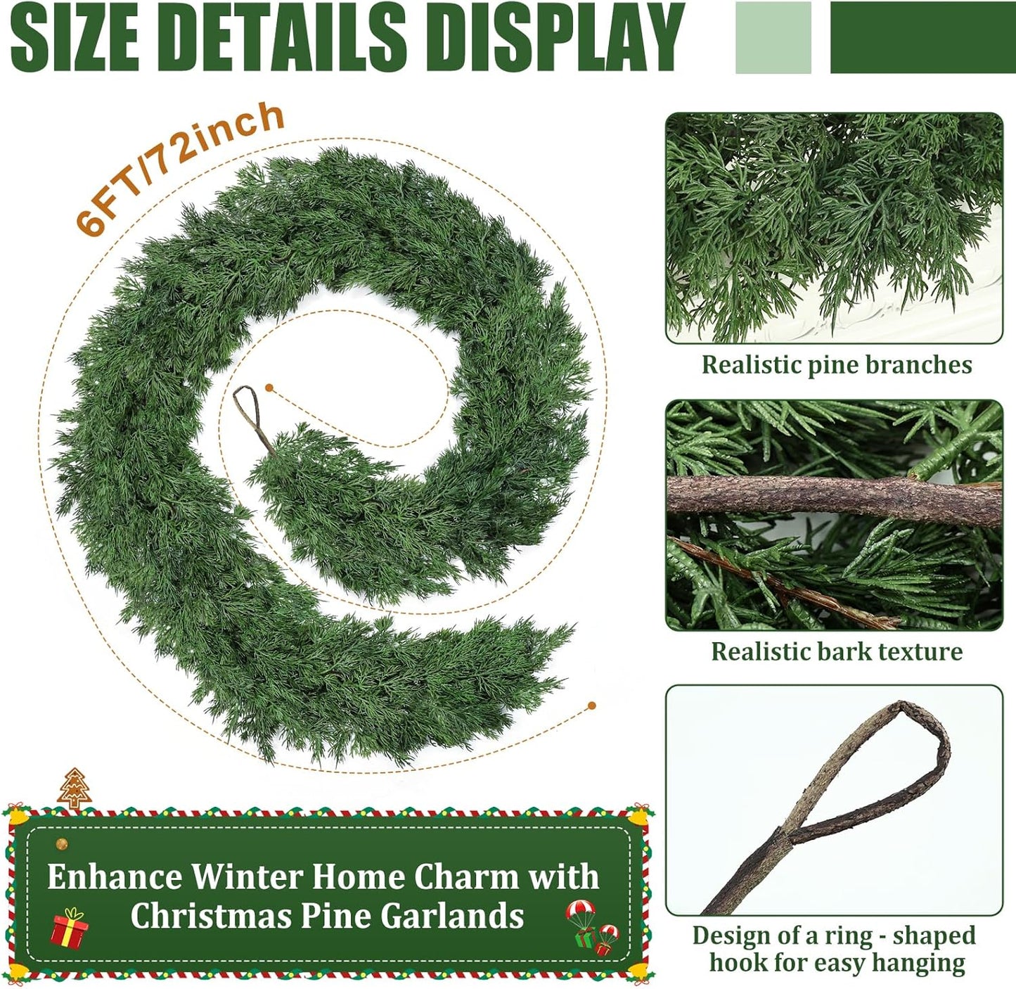 6ft Christmas Cedar Garland, Real Touch Pine Garland, Realistic Cypress Garlands Christmas Decorations for Mantel, Table, Stairs, Porch - Indoor Outdoor Xmas Holiday Decor