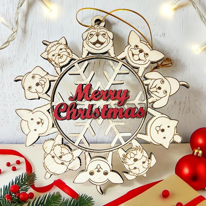 Dogs Snowflake Merry Christmas Wooden Ornament – Dog Lover Christmas Tree Decoration - Dog-Themed Holiday Ornament for Tree Hanging Ornament