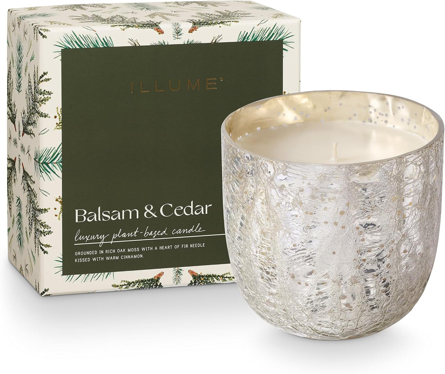 ILLUME Large Boxed Crackle Glass Candle, Balsam & Cedar