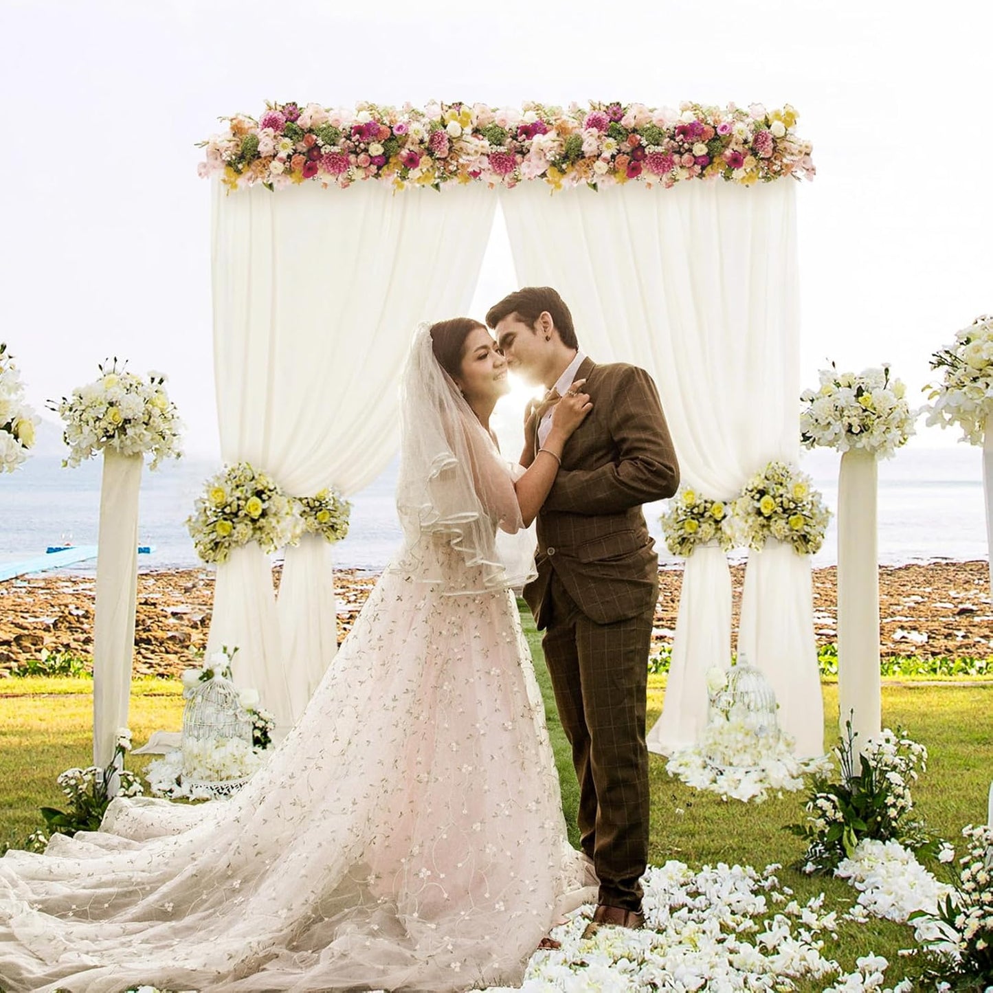 DUOBAO Ivory Chiffon Curtains Baby Shower Background 2 Panels 58"x96"Collapsible Bright Curtain 5ft x 8ft for Weddings Drapes Living Room Voile Window Photography