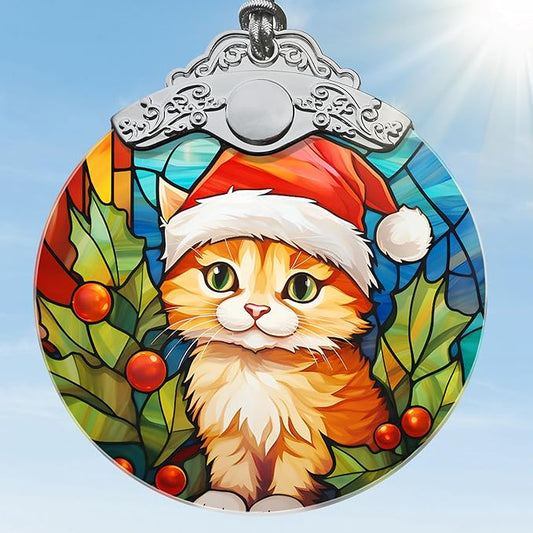 Cat Christmas Ornament, Jocidea Stained Glass Ornaments for Christmas Tree, Christmas Tree Decorations, Cat Lovers Gifts, Holiday Decor and Xmas Gifts Ideas