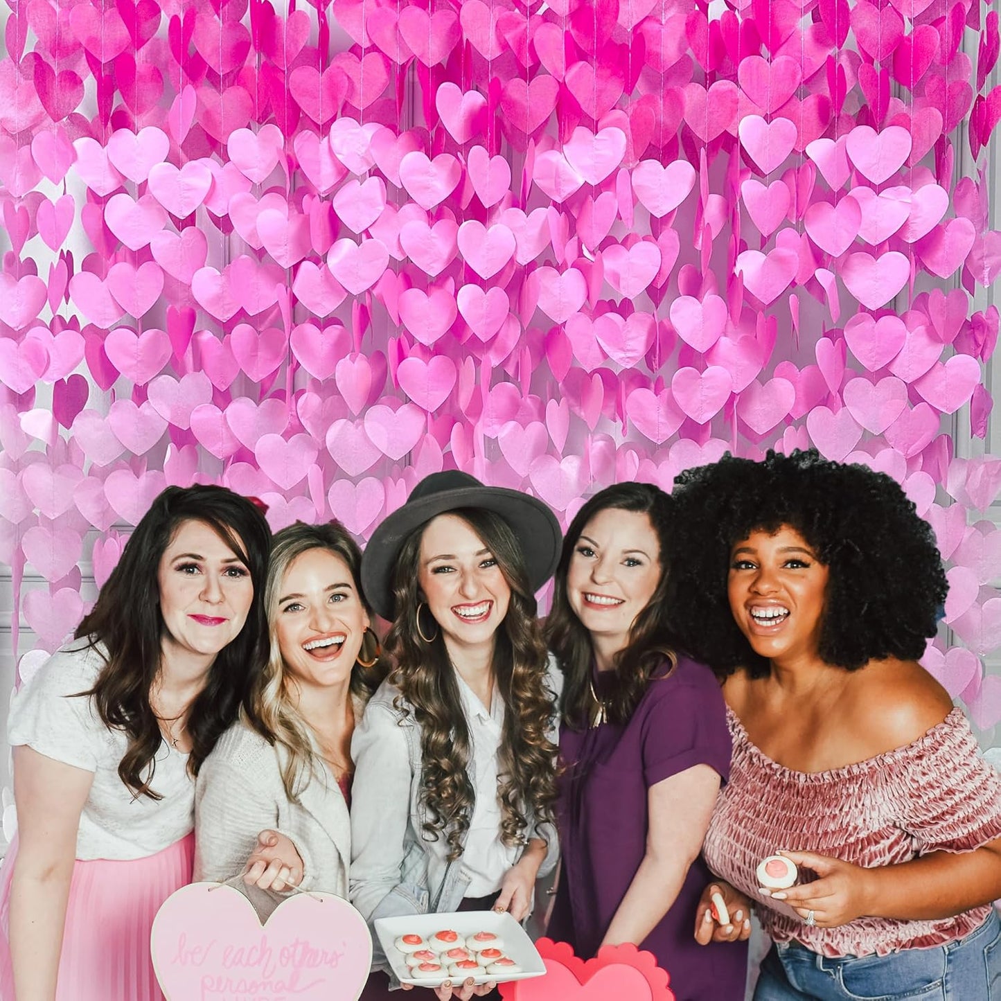 205 Ft Hot Pink Party Decorations Ombre Pink White Heart Backdrop Streamer Tissue Paper Heart Hanging Garland for Birthday Bachelorette Valentines Day Wedding Bridal Shower Engagement Party Supplie