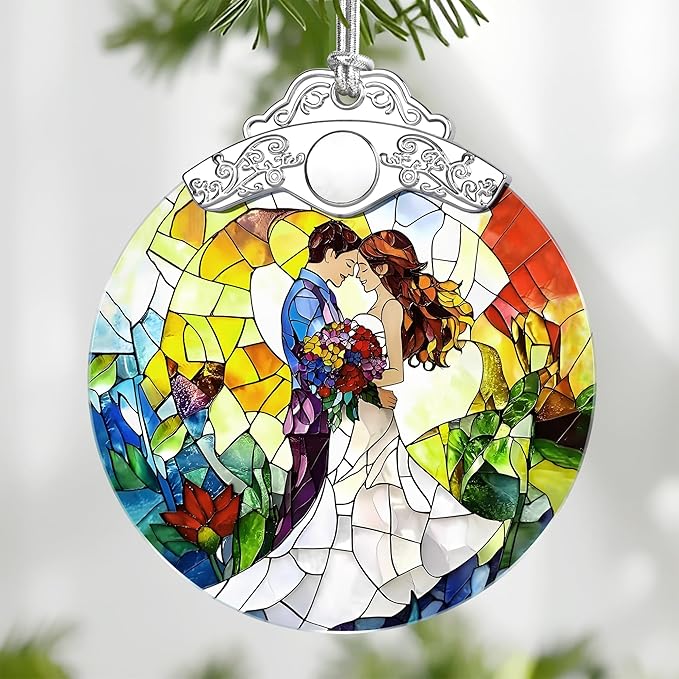 Stained Glass Romantic Couple Wedding Ornament, Christmas Ornaments – Christmas Tree Ornament, Holiday Decor, Xmas Stocking Stuffers, Gift Idea, Gifts for Couple, Newlywed, and Lover