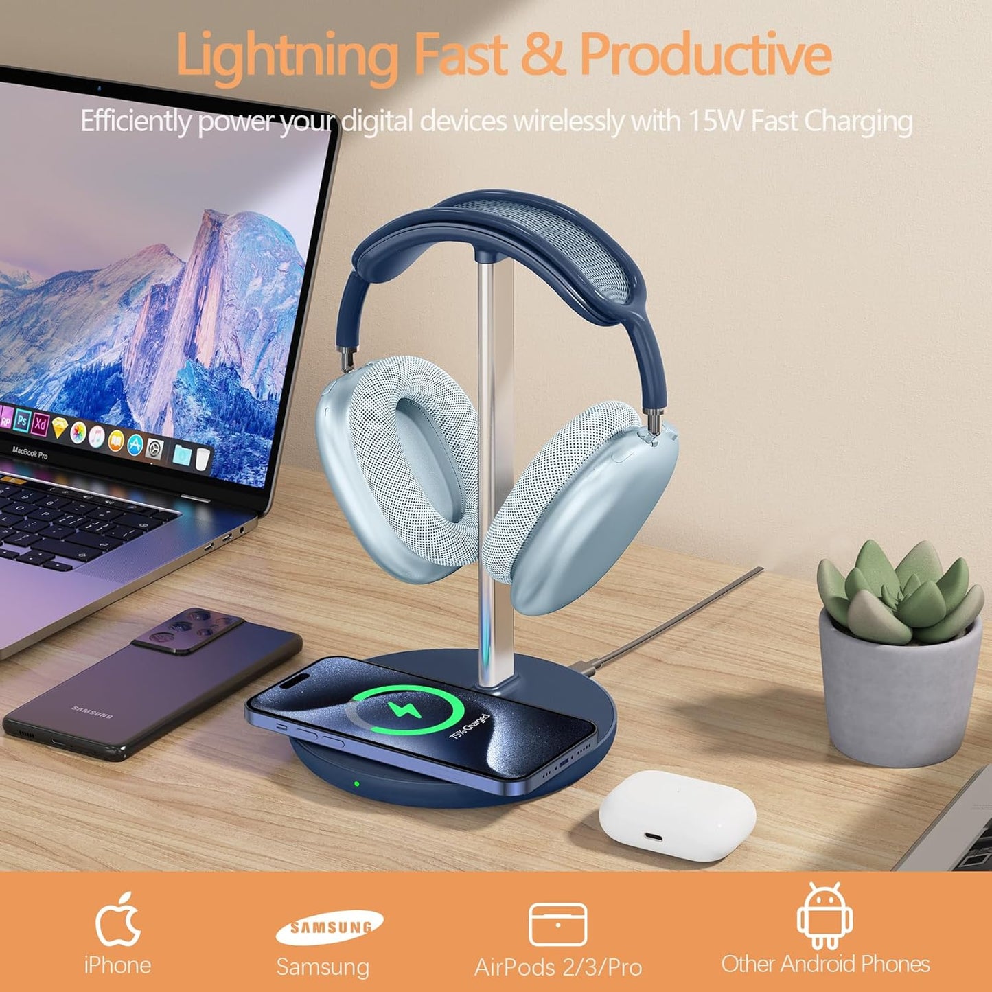 Headphone Stand with Wireless Charger, Gaming Headset Holder Hanger Rack 2 in 1 Wireless Charging Station Dock for iPhone 15/14/13/12/11 Series, Samsung, AirPods Pro/3/2, Aluminum Alloy Rod, Navy Blue