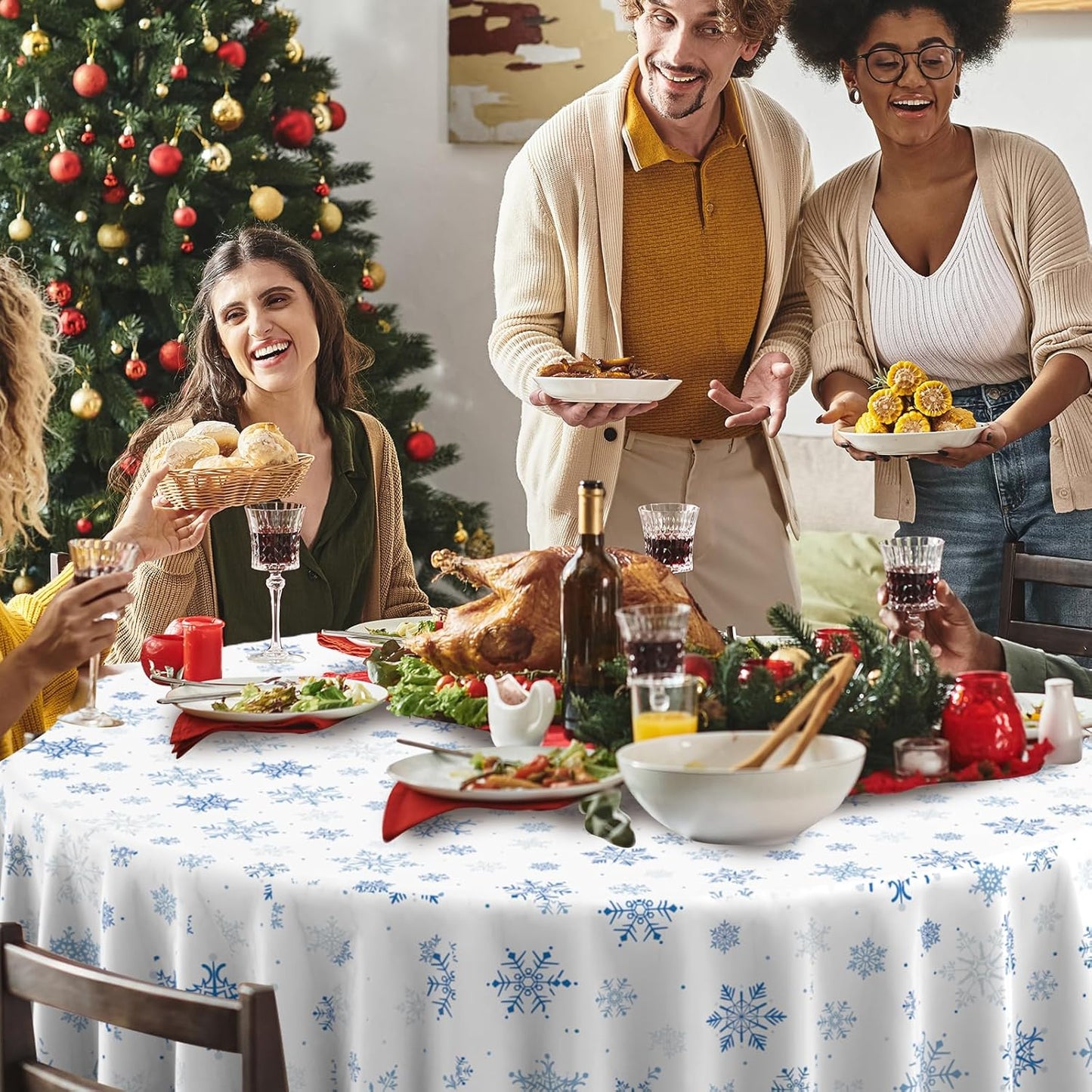 6 Pieces Christmas Snowflake Plastic Party Tablecloth Decorations,Disposable Blue Snowflake White Xmas Round Table Cover Backdrop for Winter Christmas Holiday Party Supplies,84 inch (Blue White)