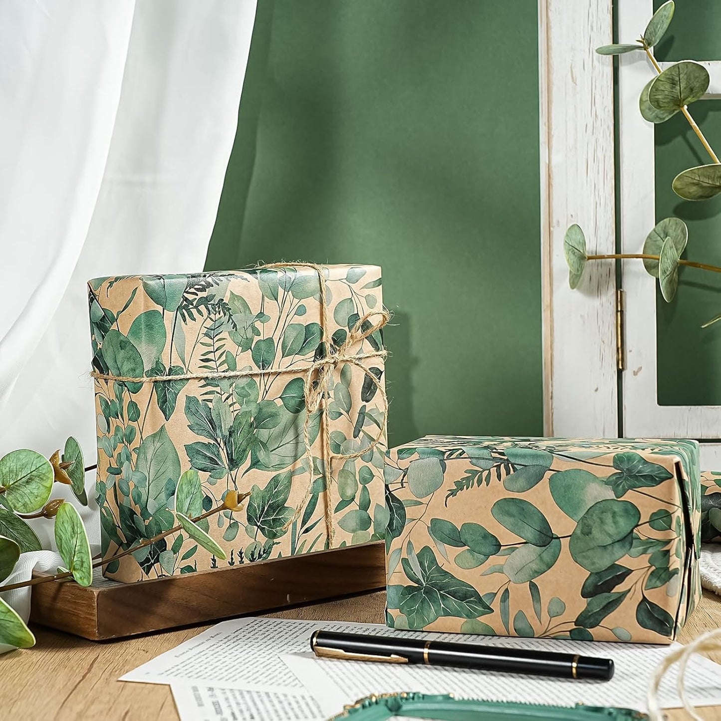 WRAPAHOLIC Kraft Eucalyptus Leaves Wrapping Paper Roll - Mini Roll - 17 Inch x 16.5 Feet - Greenery Wrapping Paper Perfect for Birthday, Wedding, Bridal Shower