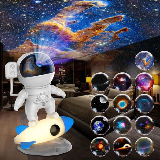 Astronaut Galaxy Projector Light for Bedroom, 12-in-1 HD Nebula Northern Lights Projector with 360° Rotating Projection, Fixed Rocket Night Light with Timer, Gift for Boys Girls Kids