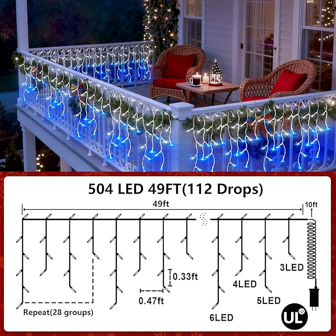 504 LED Fairy lights for Bedroom, 50ft Christmas Window Lights with 112 Drops 12 Modes, Dimmable Curtain Lights, String Lights Indoor Outdoor for Holiday Wedding Party Home Decorations, Blue & White