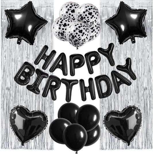 29 Pcs Black Silver Birthday Party Decorations - Happy Birthday Balloons Banner, Heart & Star Foil Balloons, Confetti & Latex Balloons, Foil Fringe Curtains Party Supplies for Men